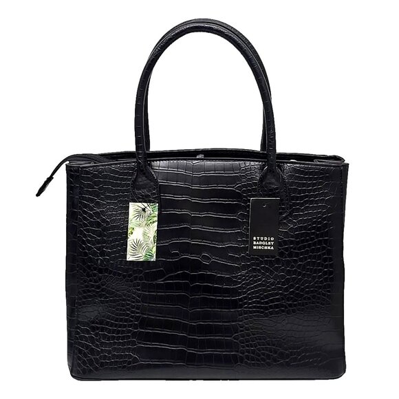 Studio Badgley Mischka Large Vegan Croc Embossed Top Zip Side Snaps Leather Bag - Picture 2 of 12